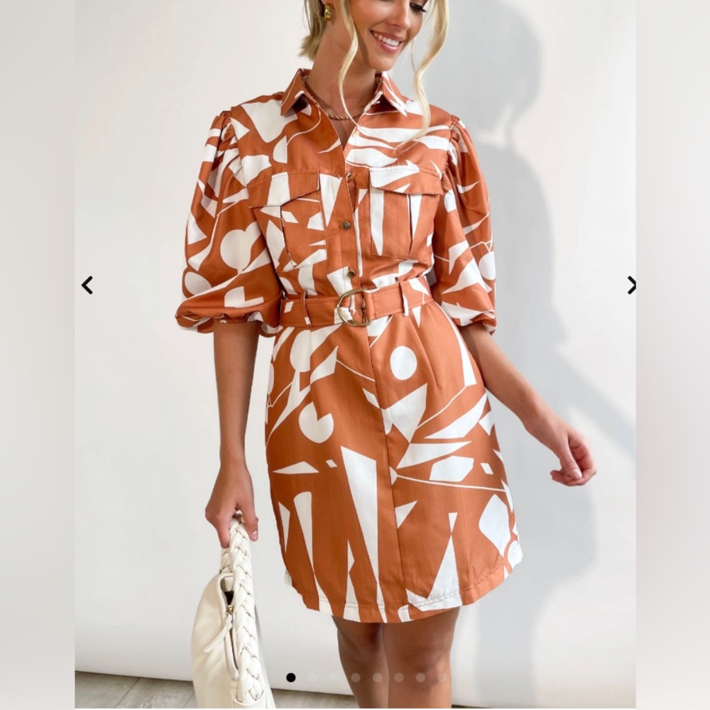 NWT Passion Fusion Tan Geometric Print Midi Shirt Dress w/ Puff Sleeves - Size 8